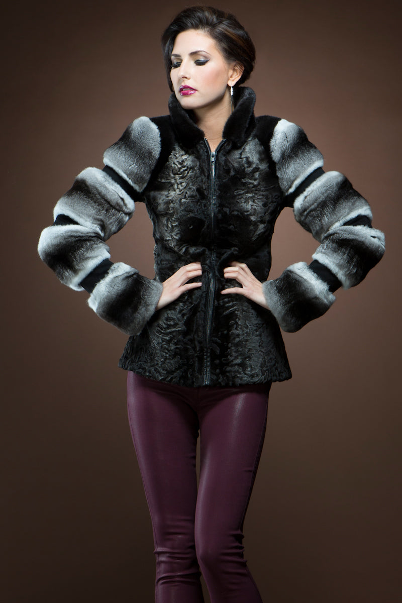 Black Zandra Rhodes Black Swakara, Chinchilla and Mink Fur Jacket