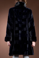 NavyBlue Sheared & Long Haired Mink Mid-Length Fur Coat