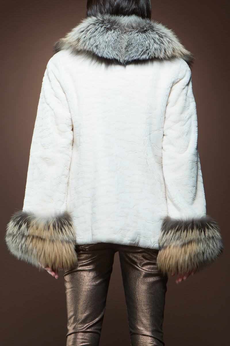 White EM-EL White Sheared Beaver and Fox Fur Jacket