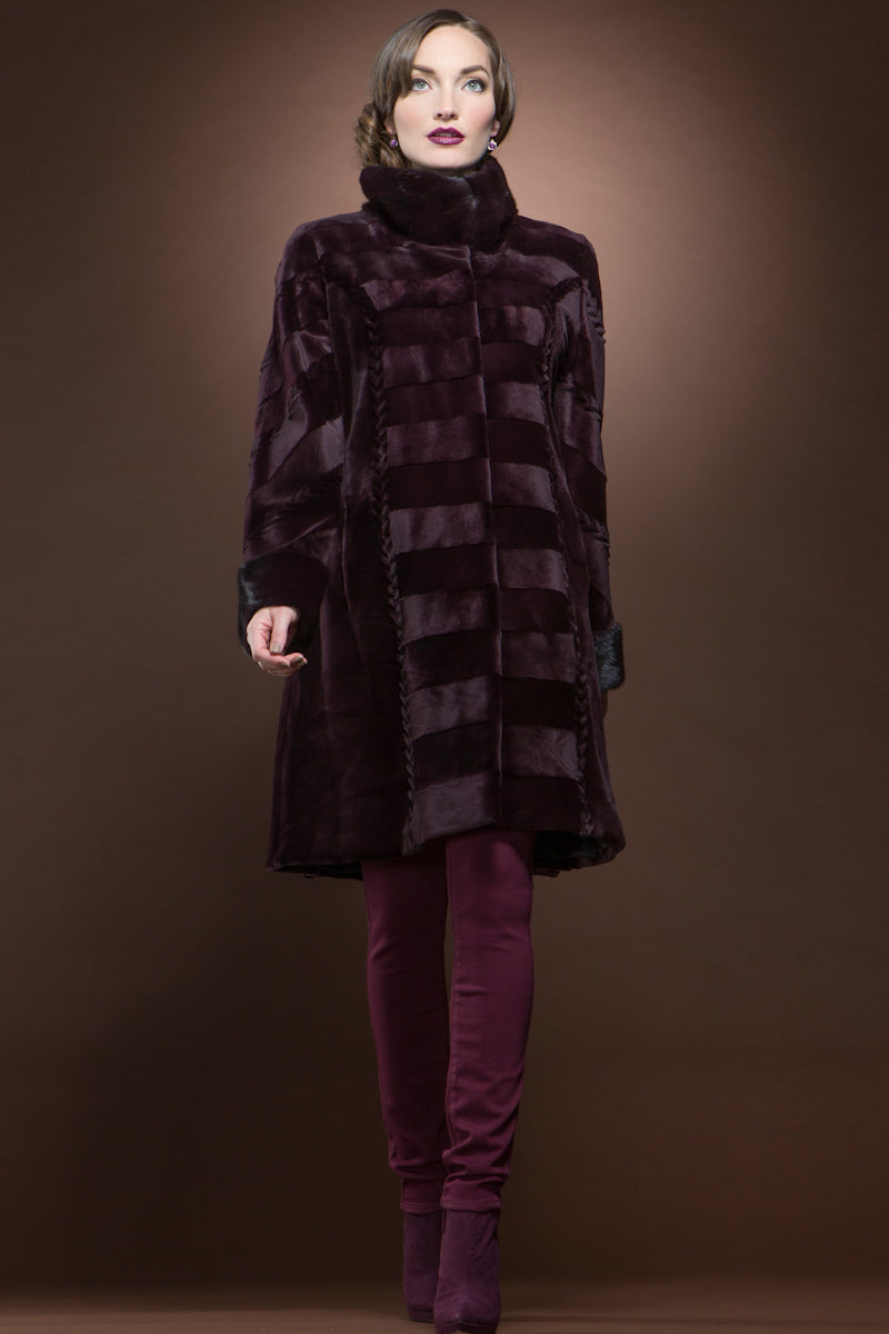 Burgundy Sheared & Long Haired Mink Mid-Length Fur Coat