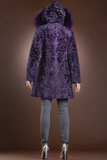  EM-EL Hooded Purple Karakul Mid-Length Fur Coat - Purple Fox Trim