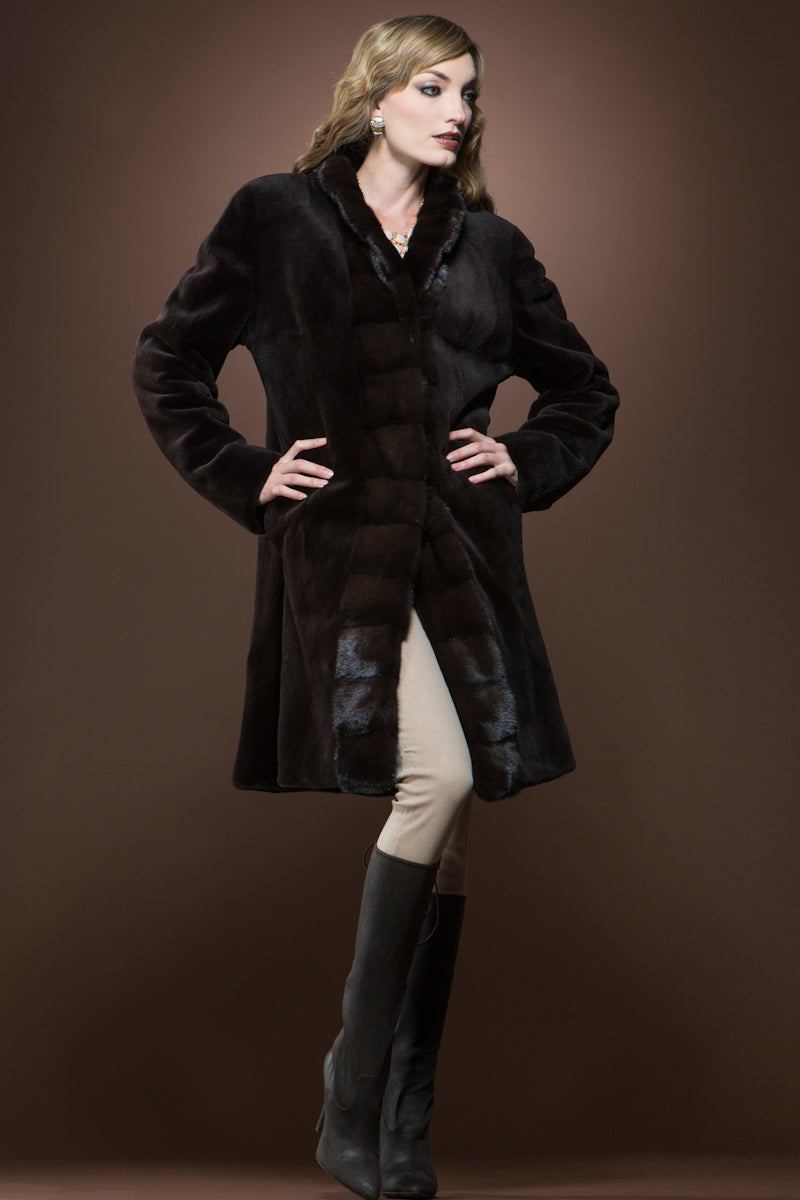 Brown EM-EL Sheared Mink Reversible Mid-Length Fur Coat with Natural Cross Cut Mink Trim