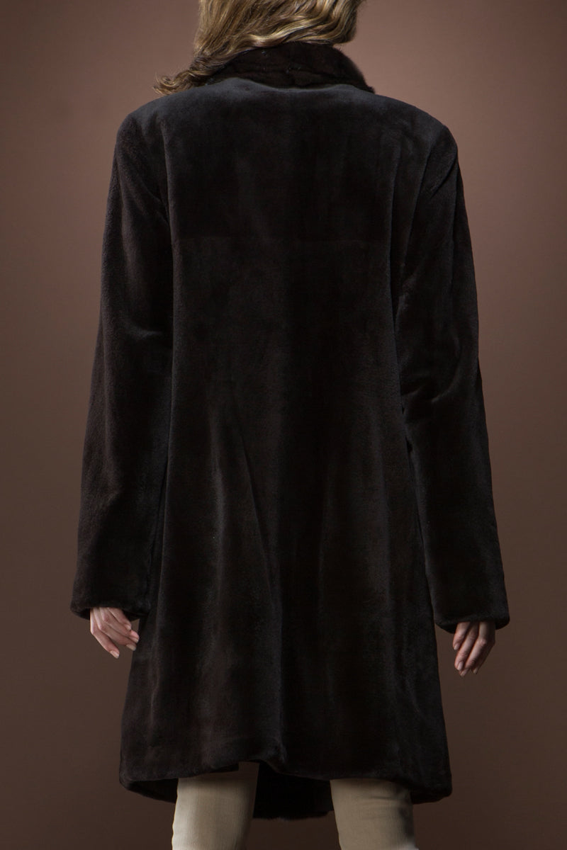 Brown EM-EL Sheared Mink Reversible Mid-Length Fur Coat with Natural Cross Cut Mink Trim