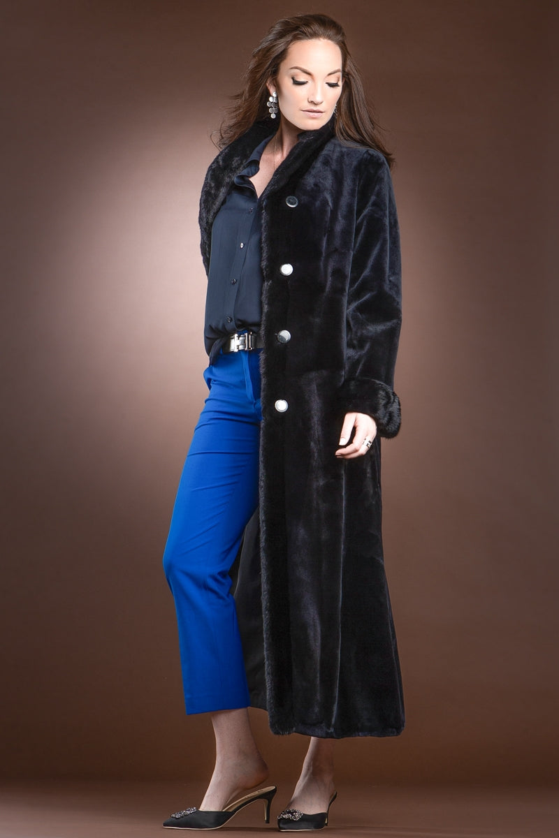 Black EM-EL Reversible Sheared and Long Haired Mink Fur Coat