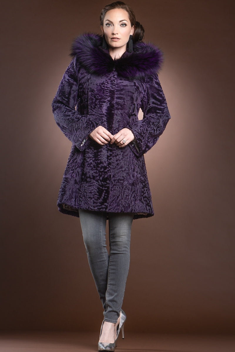  EM-EL Hooded Purple Karakul Mid-Length Fur Coat - Purple Fox Trim