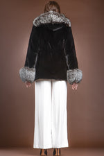 Black Chalue Hooded Directional Chevron Mink Fur Jacket - Fox Fur Hood Trim and Cuffs