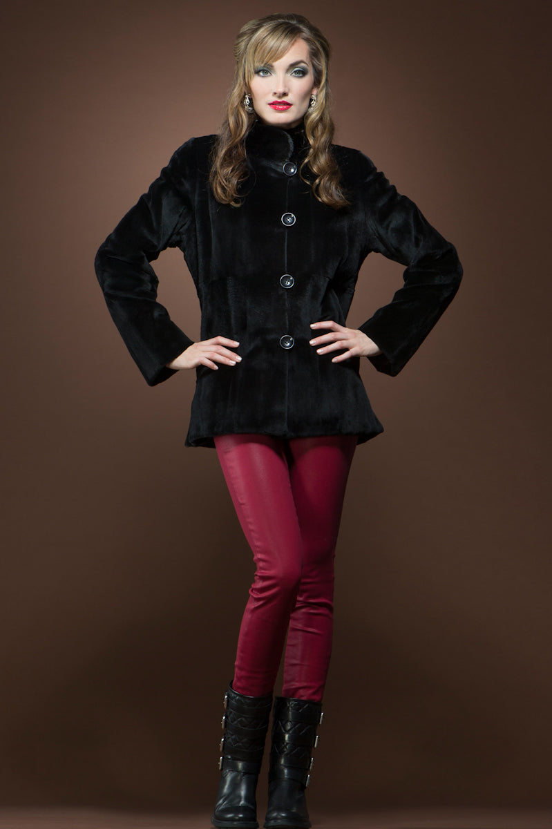 Black Anamoda Reversible Horizontal Super Sheared & Long Haired Mink Fur Jacket