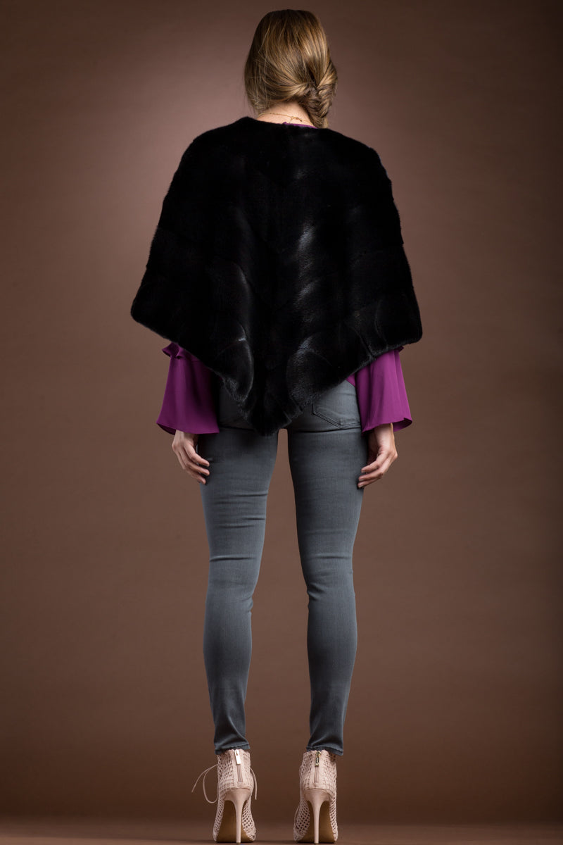 black EM-EL Diagonal Mink Fur Poncho-Brick Border Pattern