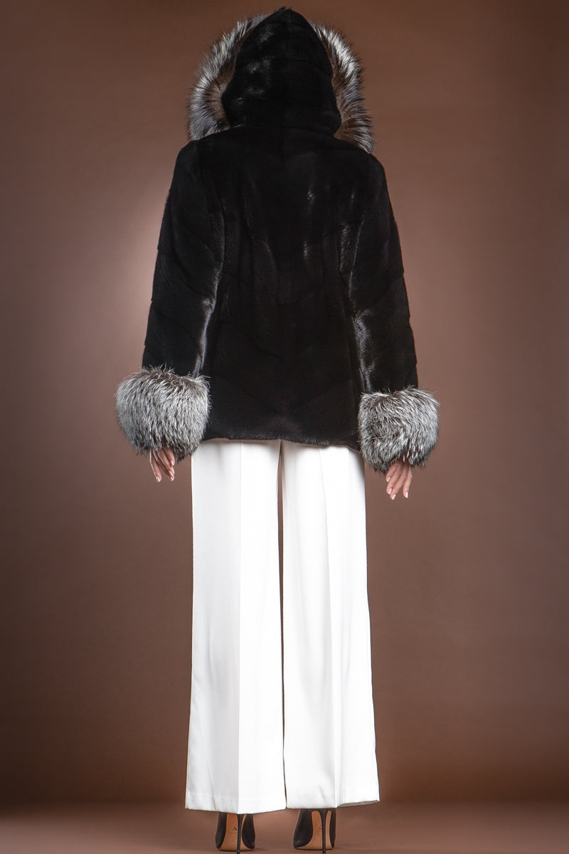 Black Chalue Hooded Directional Chevron Mink Fur Jacket - Fox Fur Hood Trim and Cuffs