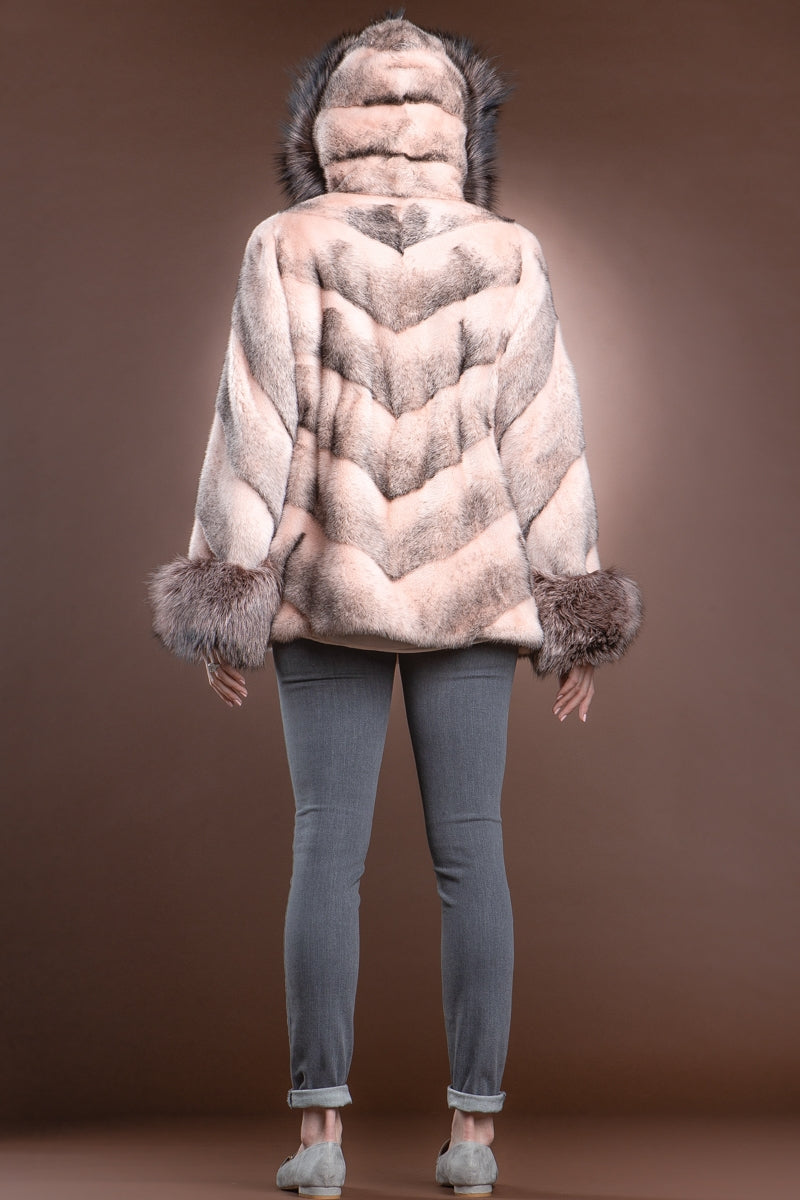 BabyPink Chalue Hooded Directional Chevron Mink Fur Jacket - Fox Fur Hood Trim and Cuffs