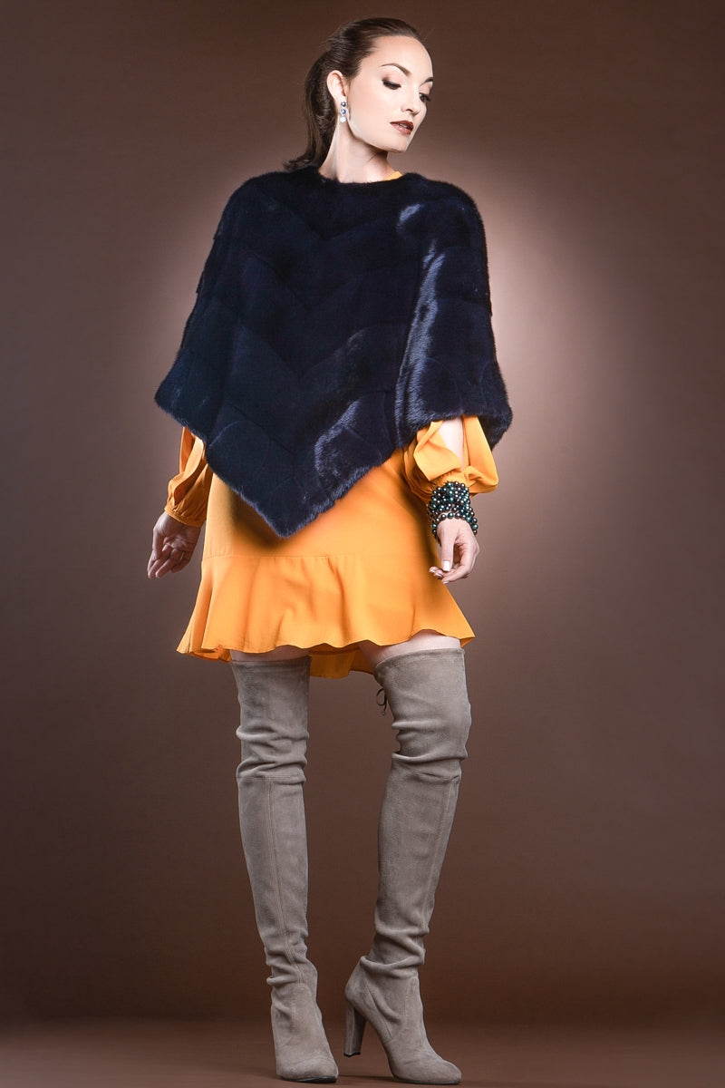 navyblue EM-EL Diagonal Mink Fur Poncho-Brick Border Pattern