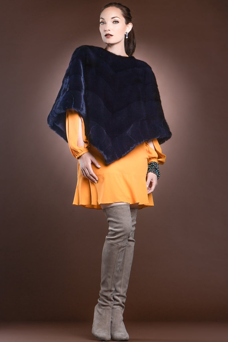 navyblue EM-EL Diagonal Mink Fur Poncho-Brick Border Pattern