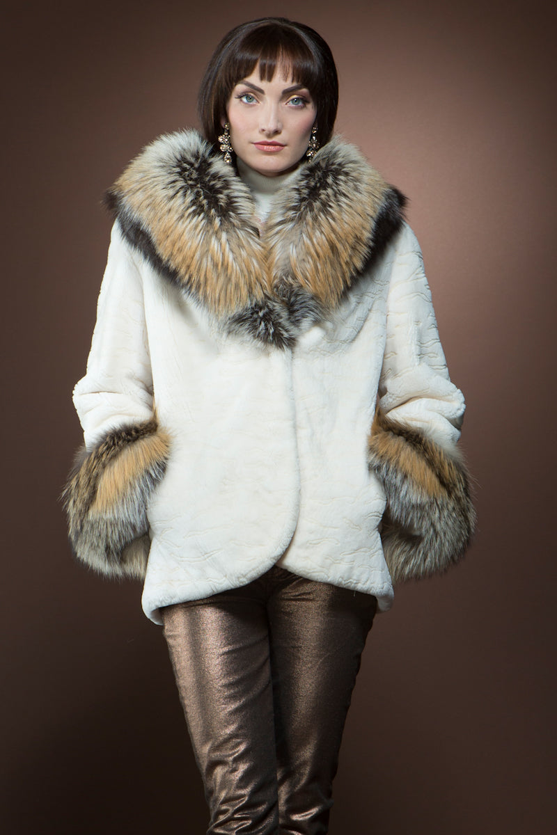 White EM-EL White Sheared Beaver and Fox Fur Jacket