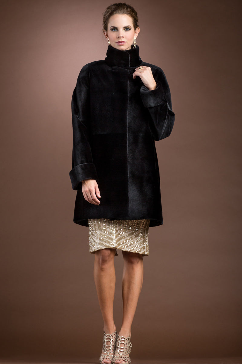 Black Zandra Rhodes Reversible Super Sheared Mink Mid-Length Fur Coat