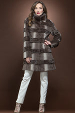 GrayBrown EM-EL Micro Sheared and Long Haired Mink Mid-Length Fur Coat