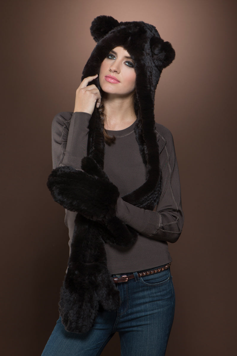 Brown EM-EL Rex Rabbit Knitted Fur Hat with Ears, Scarf and Gloves