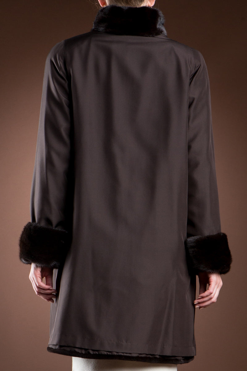 Brown EM-EL Reversible Sheared and Long Haired Mink Mid-Length Fur Coat
