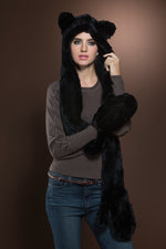 Black EM-EL Rex Rabbit Knitted Fur Hat with Ears, Scarf and Gloves