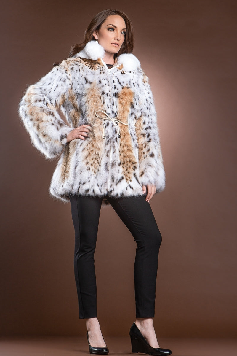 NaturalMultiWhite Zandra Rhodes Hooded American Lynx and Fox Anorak Fur Jacket