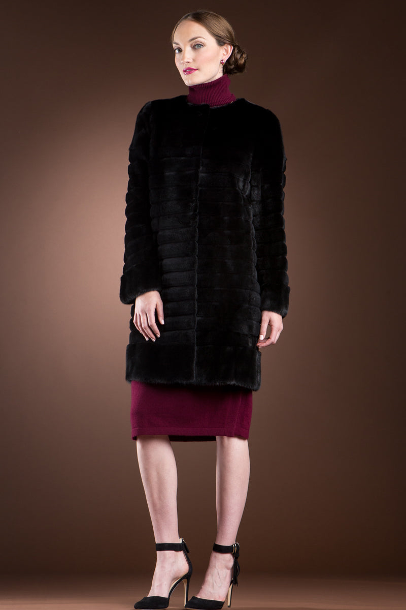 XS EM-EL Black Sheared Horizontal & Long Haired Mink Mid-Length Fur Coat - Detachable Fox Collar