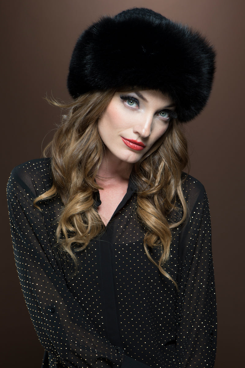 Black Lenore Marshall Cashmere Knit and Fox Fur Brim Hat