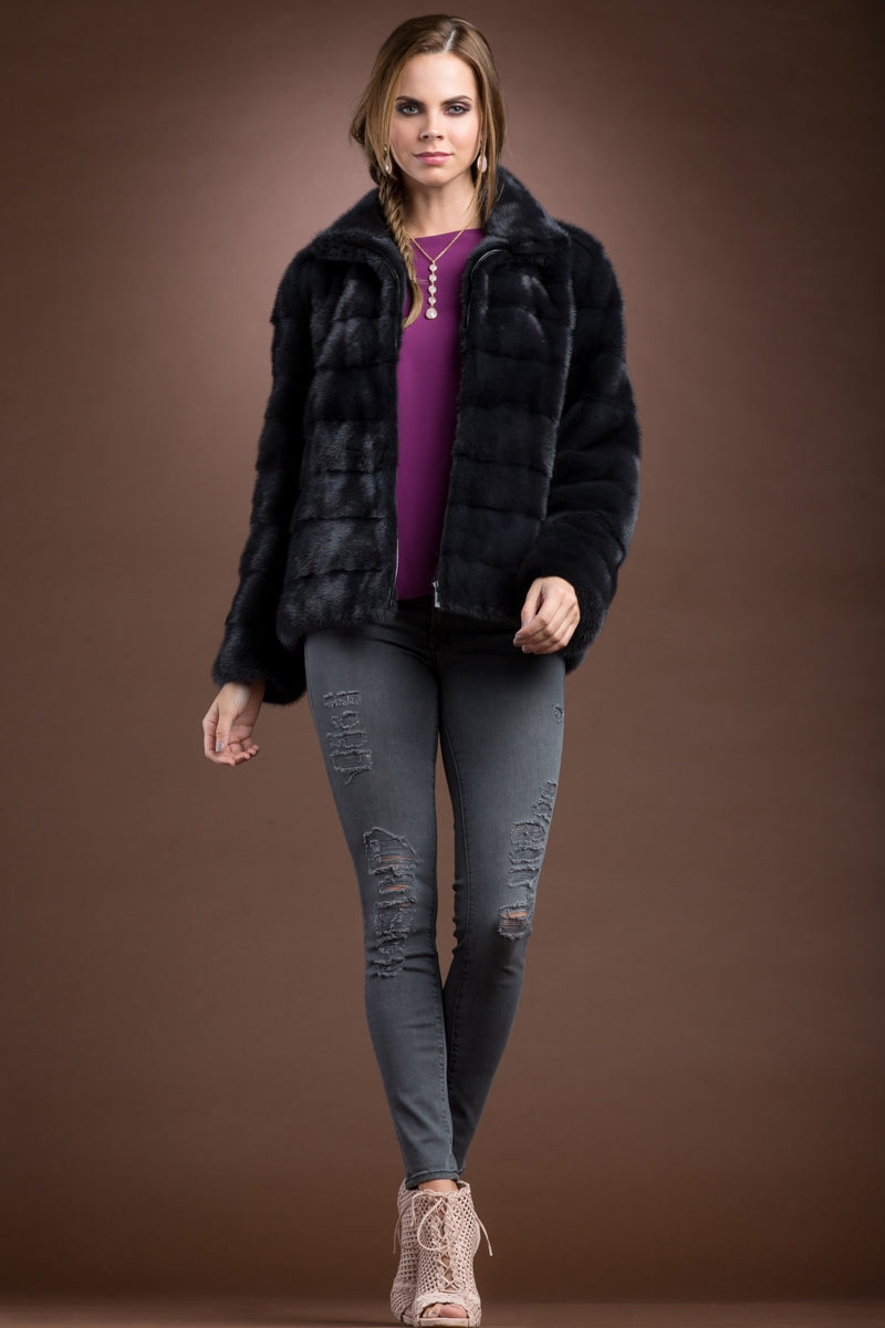 Slate Zandra Rhodes Zip Up Horizontal Mink Fur Jacket