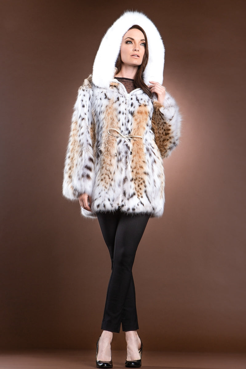 NaturalMultiWhite Zandra Rhodes Hooded American Lynx and Fox Anorak Fur Jacket