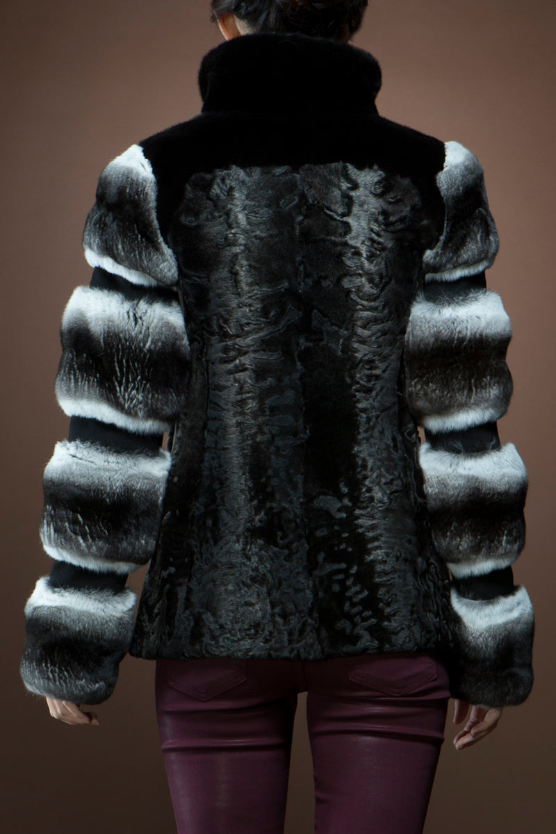  Zandra Rhodes Black Swakara, Chinchilla and Mink Fur Jacket