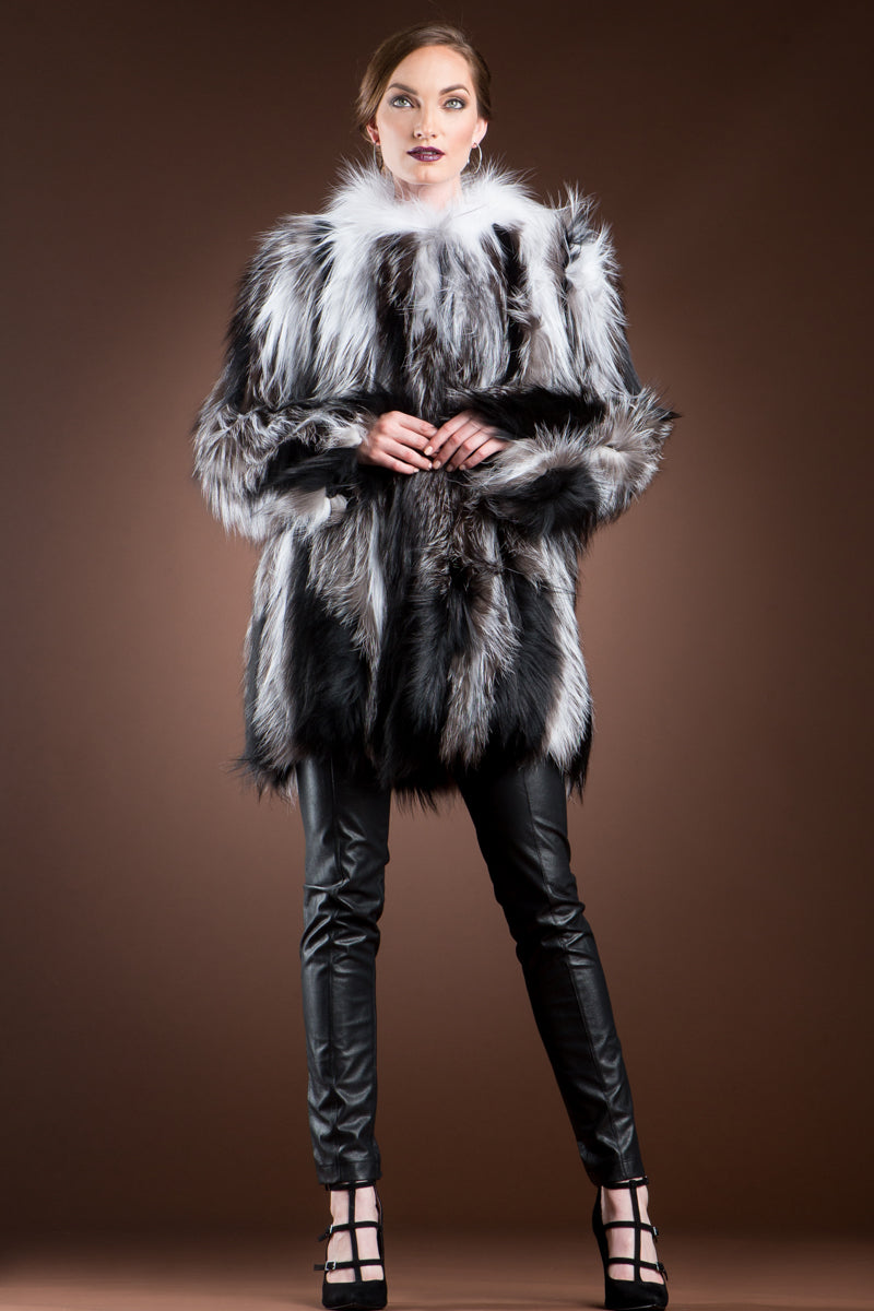 Medium EM-EL Arctic Marble, Silver & Black Sliver Fox on Jersey Mid-Length Fur Coat
