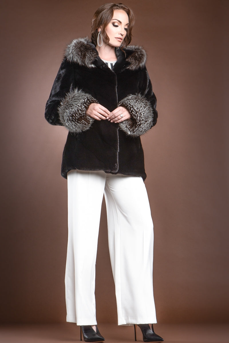 Black Chalue Hooded Directional Chevron Mink Fur Jacket - Fox Fur Hood Trim and Cuffs