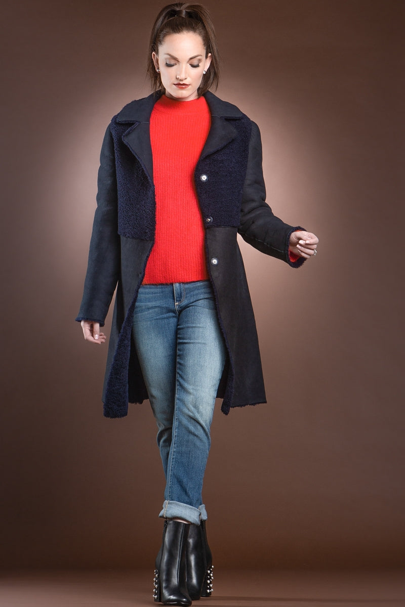 Navy Blue EM-EL Navy Blue Double Faced Mid-Length Shearling Coat