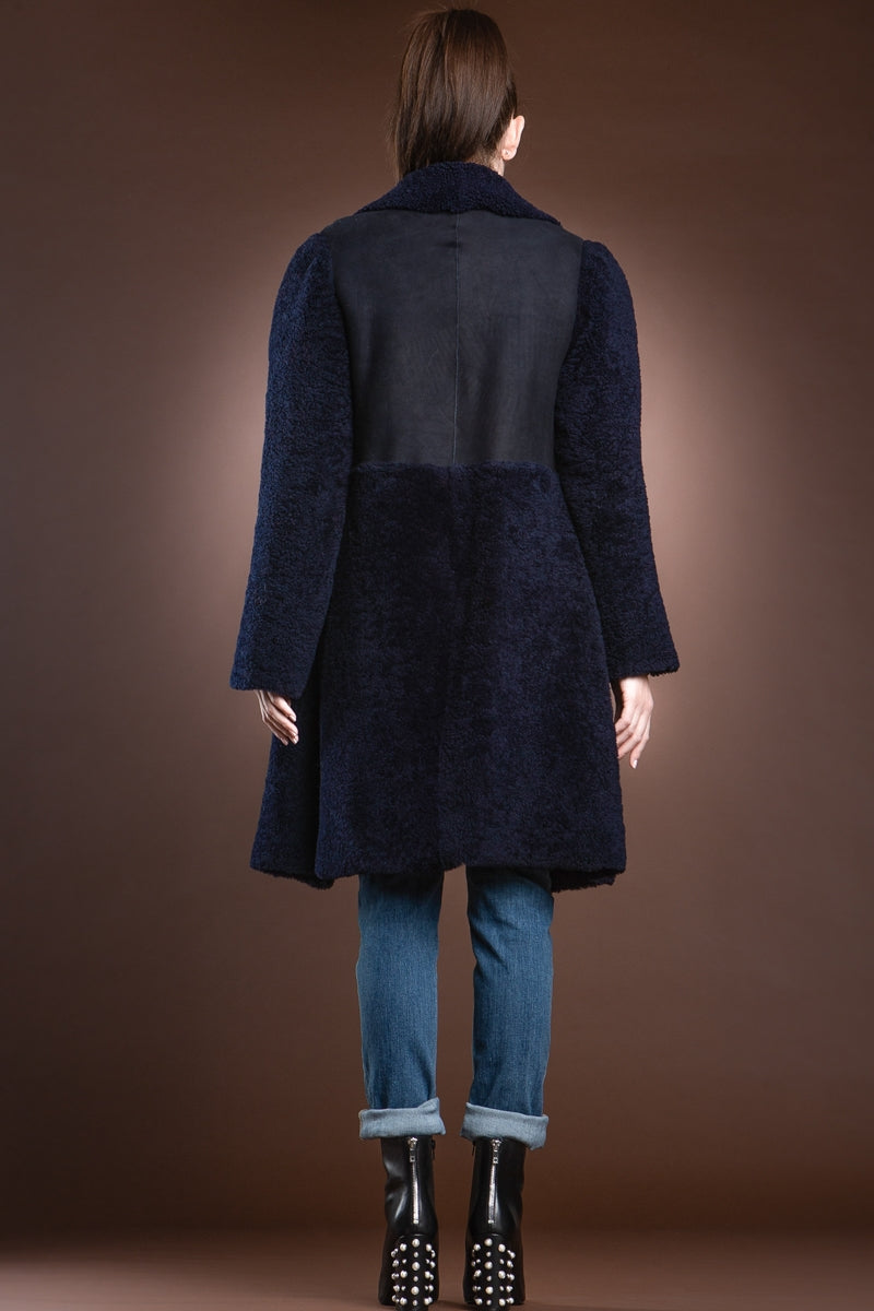  EM-EL Navy Blue Double Faced Mid-Length Shearling Coat